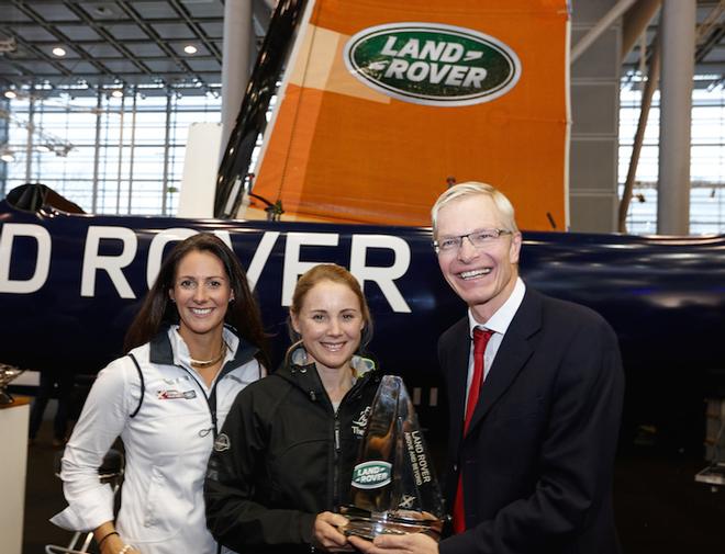 Land Rover Global Brand Ambassador, Hannah White (left) with Double Olympic Gold Medallist Sarah Ayton (centre) receiving the inaugural Above and Beyond Award from Christian Bangemann, PR Director Jaguar Land Rover Europe (right) at Boot Düsseldorf. - Extreme Sailing Series 2015 © Jaguar Land Rover Limited
